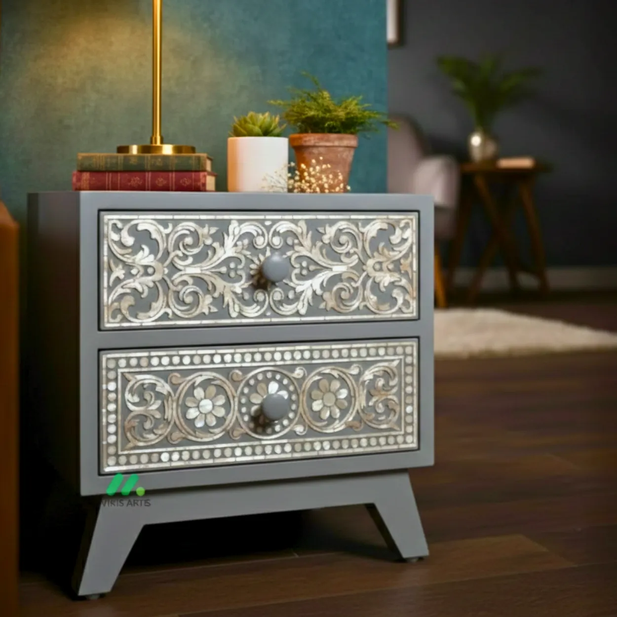 Mother Of Pearl Grey Bedside Table - Image 4