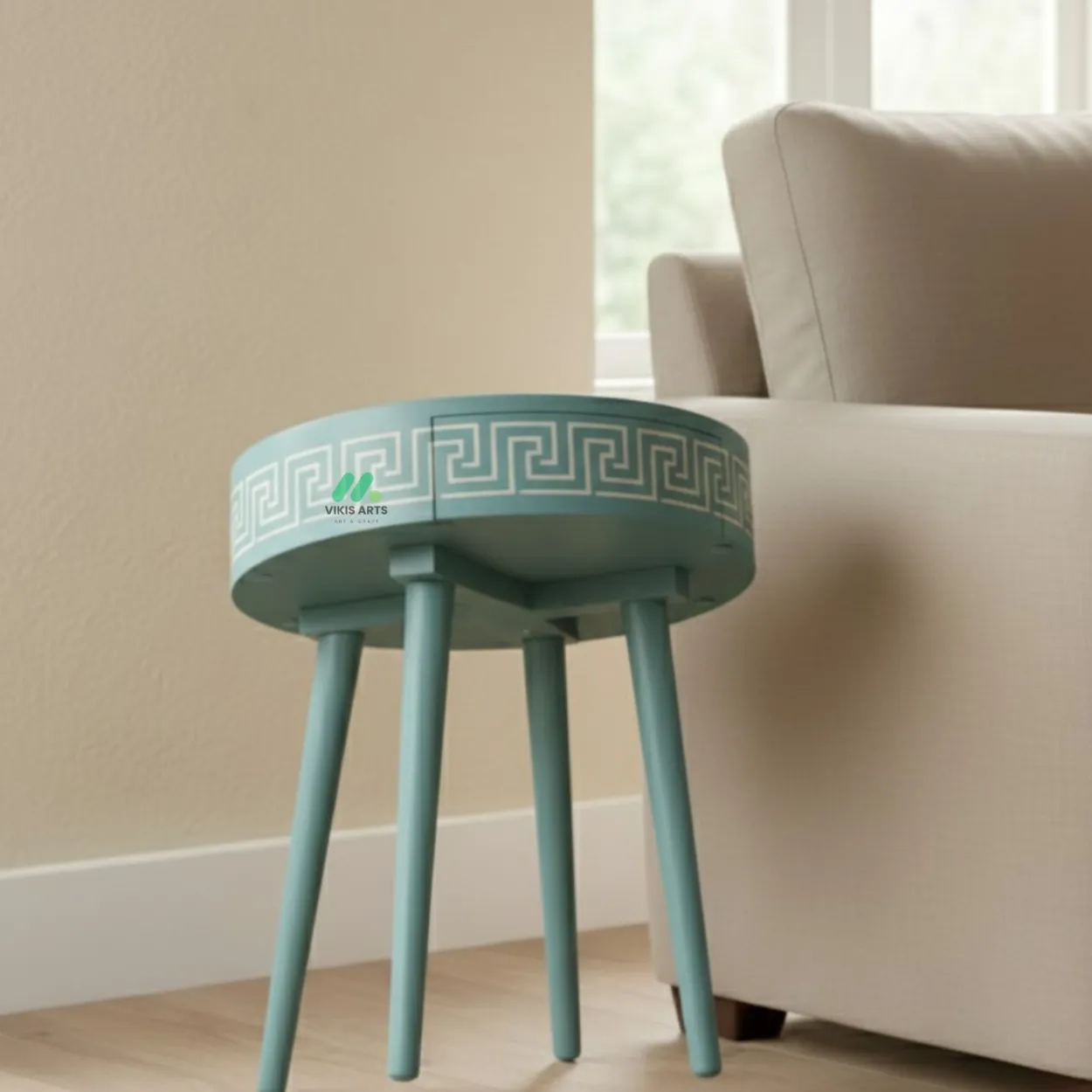 Bone Inlay Light Blue Round Bedside Table - Image 3