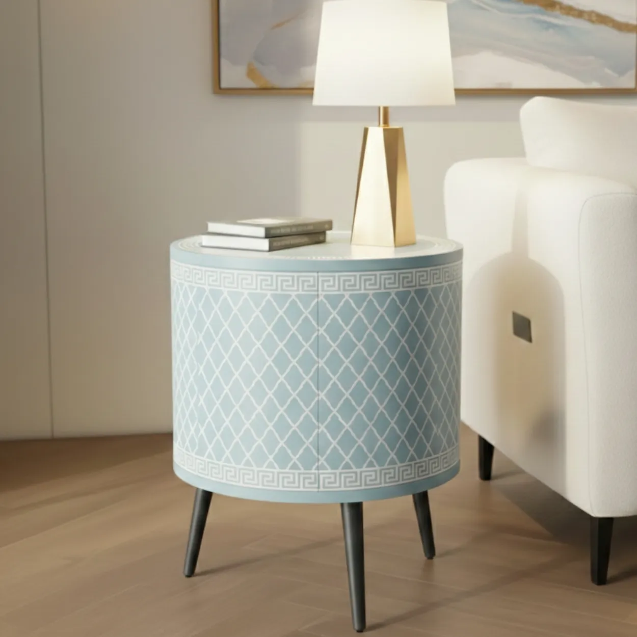 Bone Inlay Light Blue Round Bedside Table with Two Drawer - Image 2