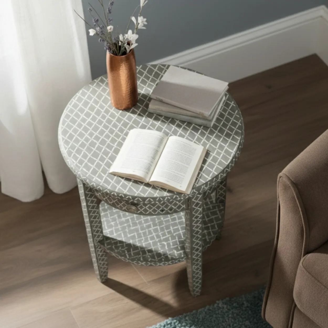 Bone Inlay Grey Round Sofa side Table - Image 3