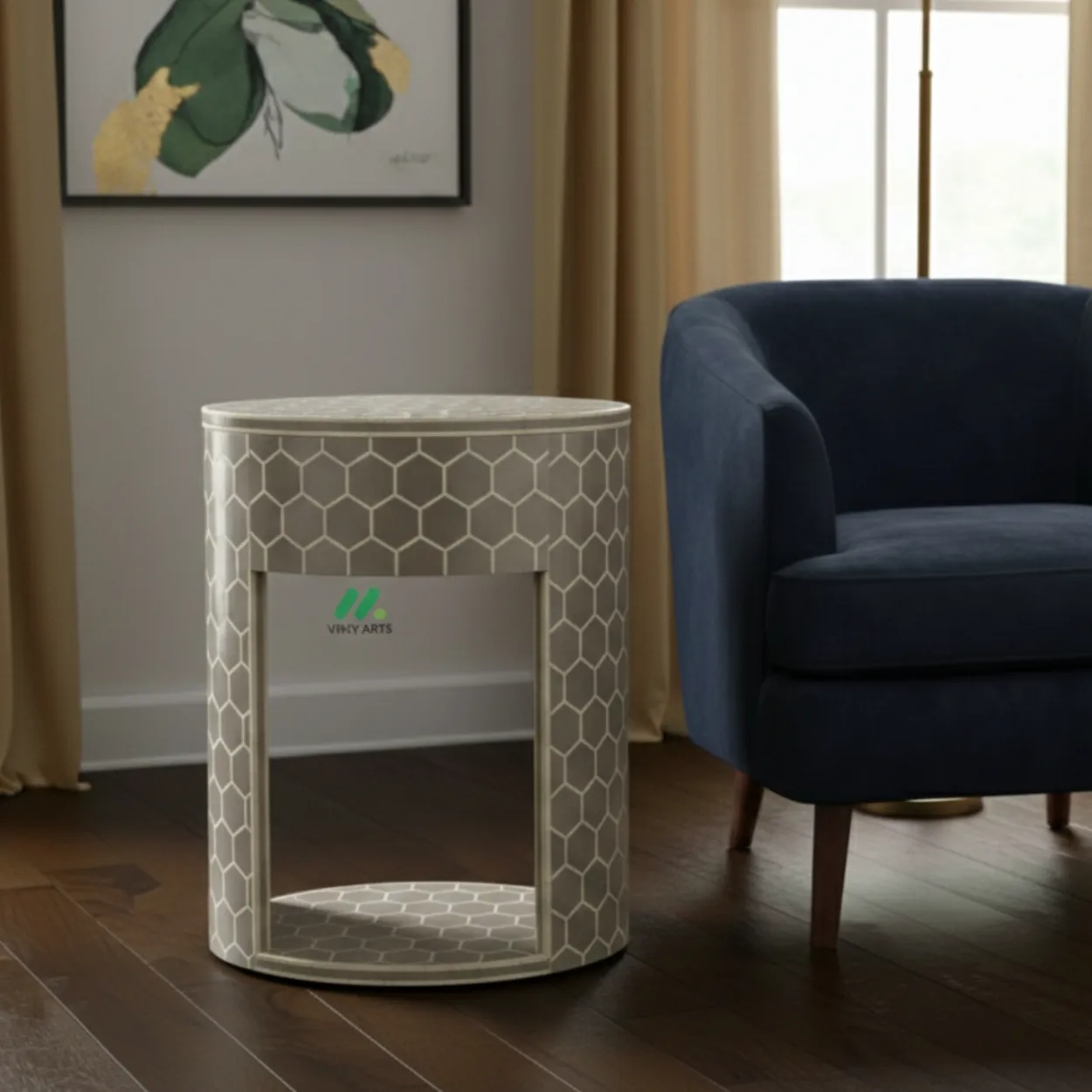Bone Inlay Grey Round Bedside Table - Image 2