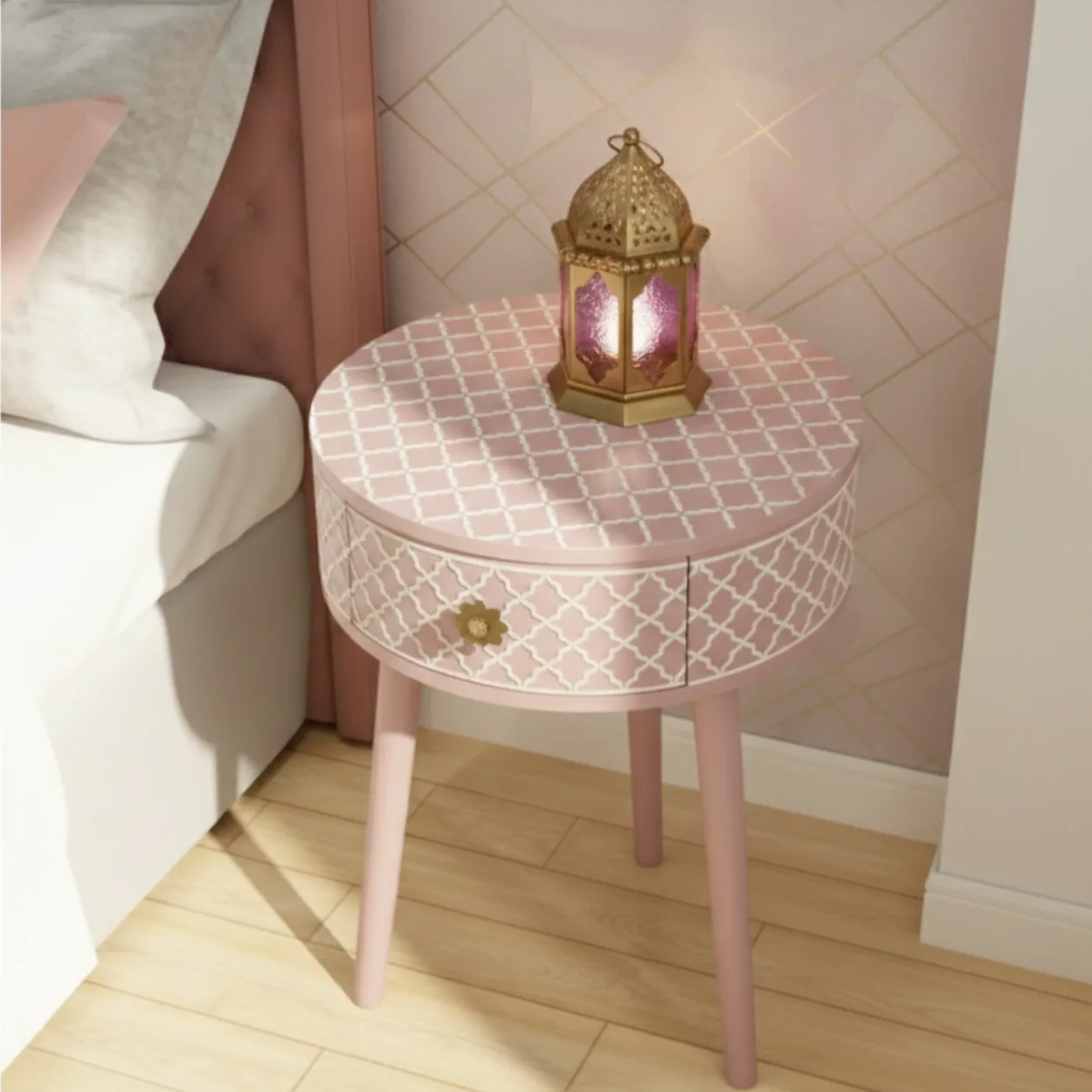 Bone Inlay Pink Round Bedside Table with One Drawer - Image 3