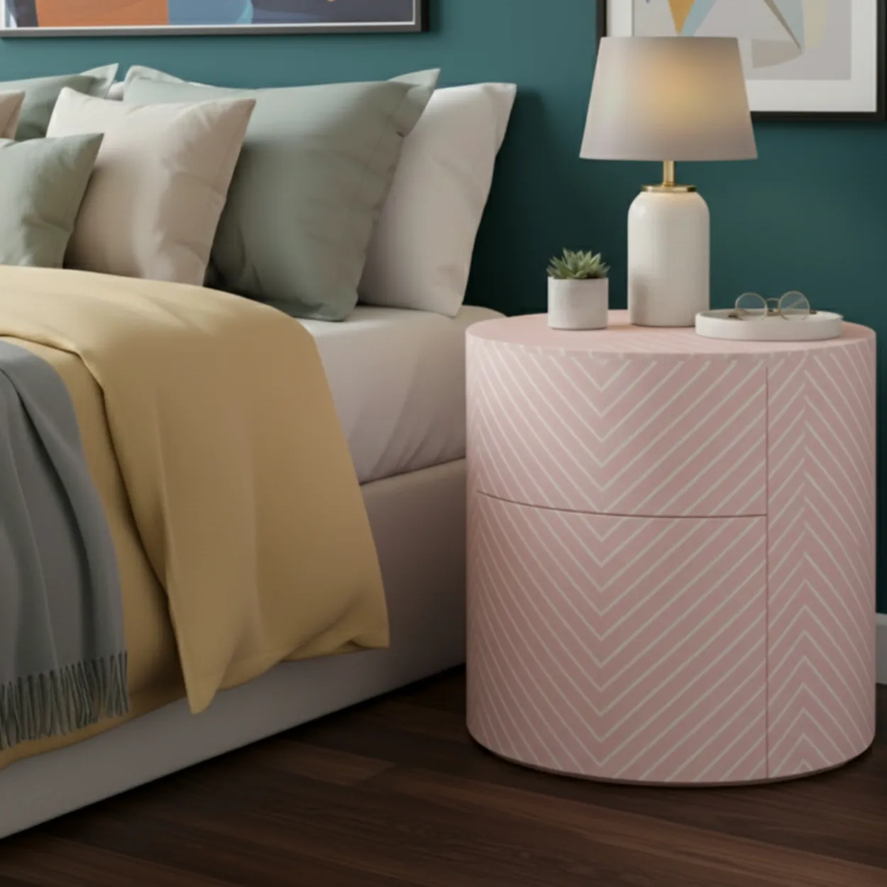 Bone Inlay Pink Round Bedside Table with Two Drawer - Image 2