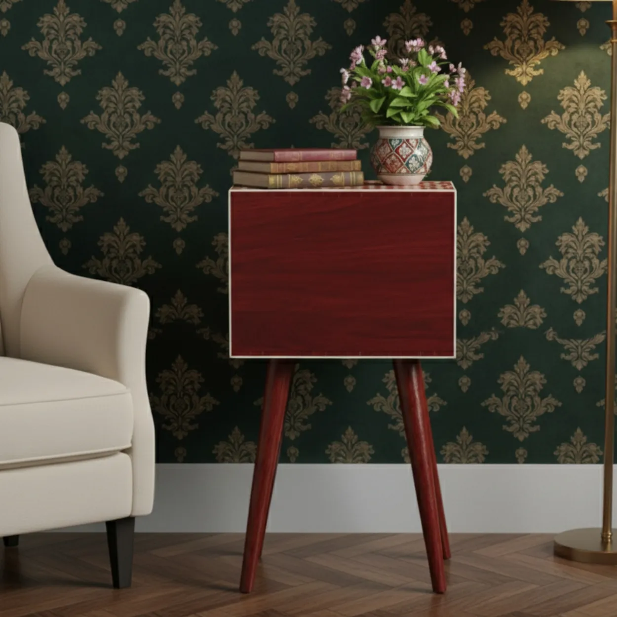 Bone Inlay Red Bedside Table - Image 2