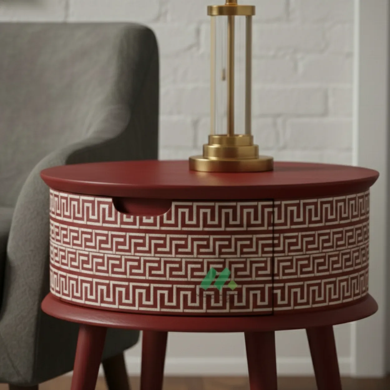 Bone Inlay Red Round Bedside Table - Image 3