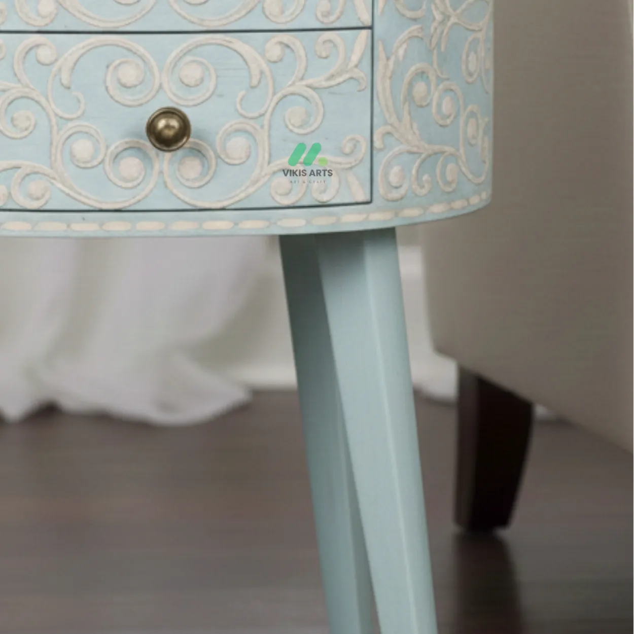 Bone Inlay Light Blue Round Bedside Table - Image 4