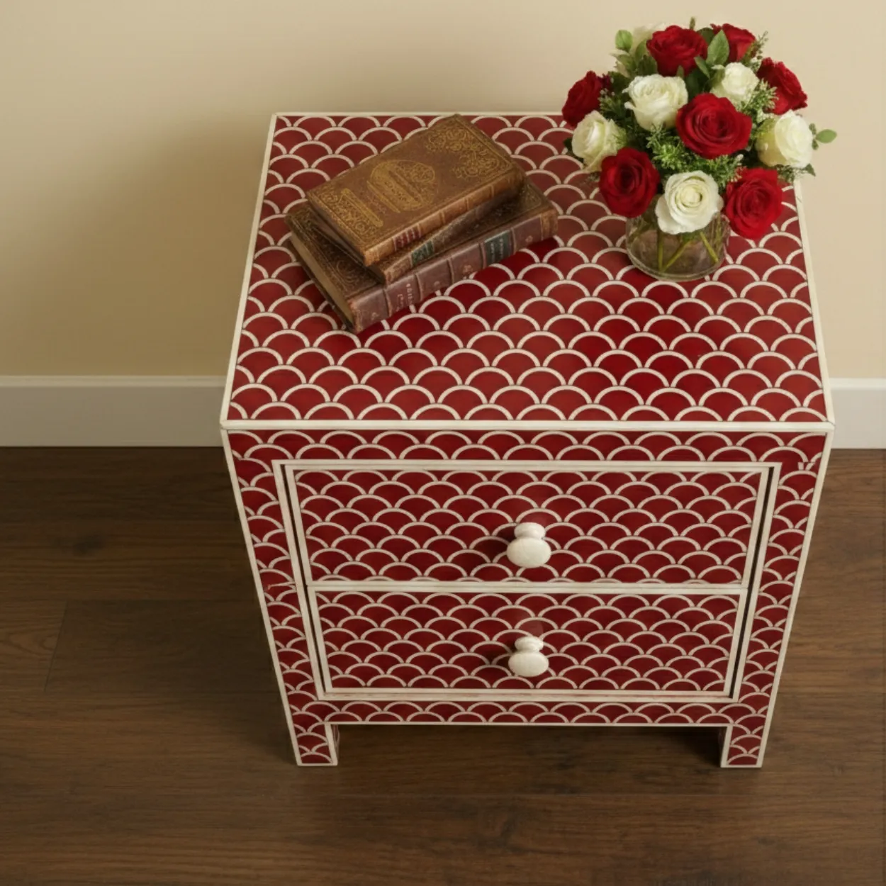 Bone Inlay Red Bedside Table - Image 3