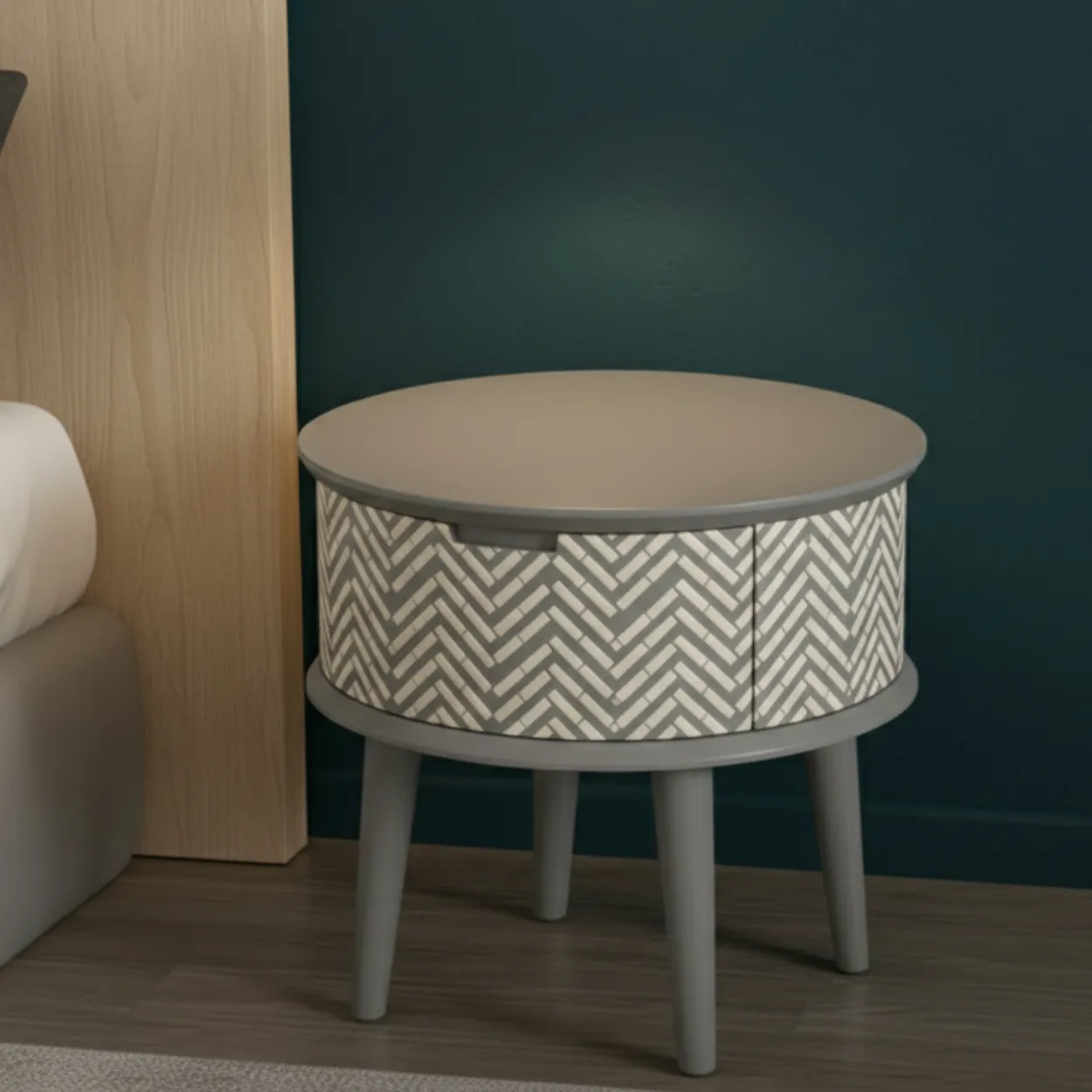 Bone Inlay Grey Round Bedside Table - Image 3
