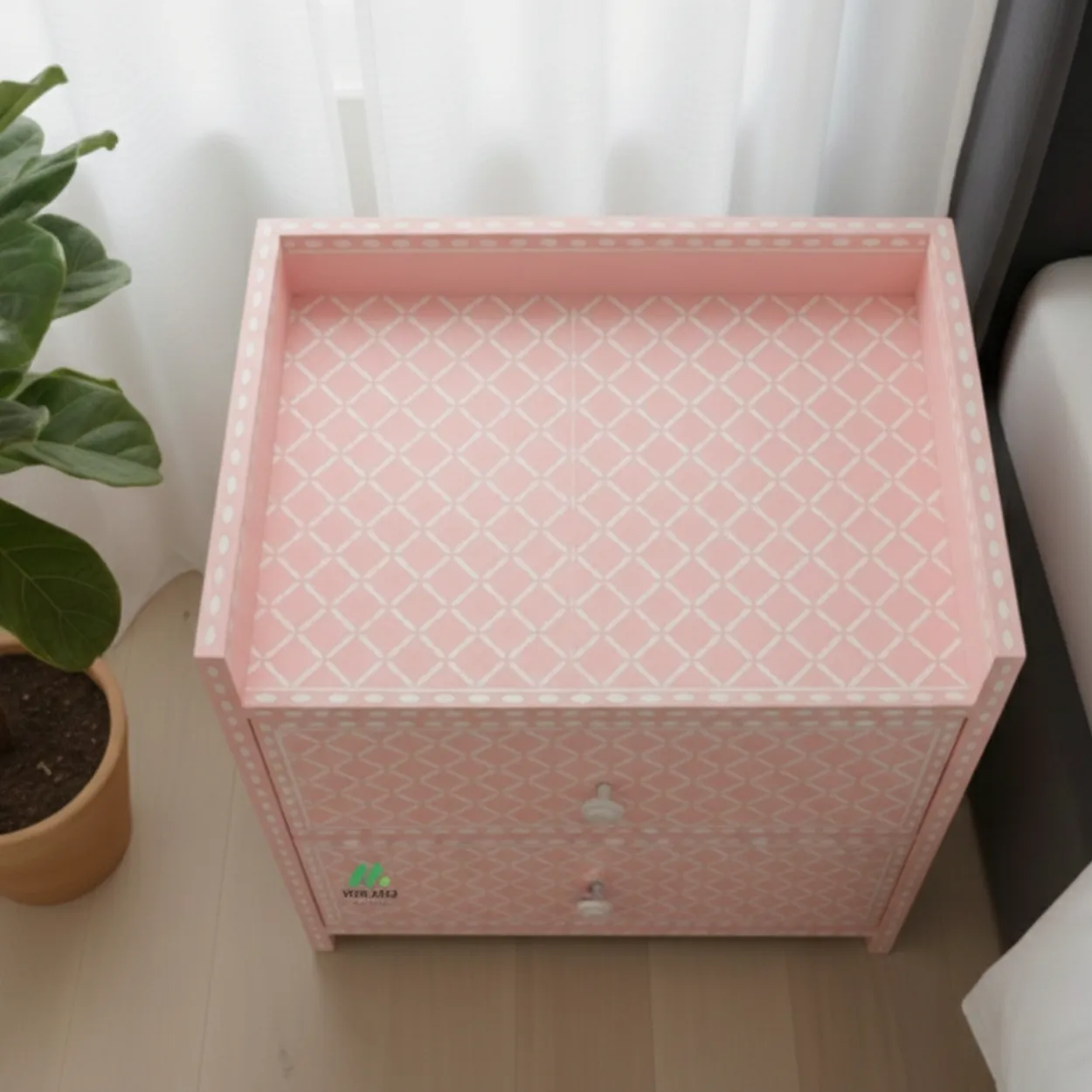 Bone Inlay Pink Bedside Table - Image 3