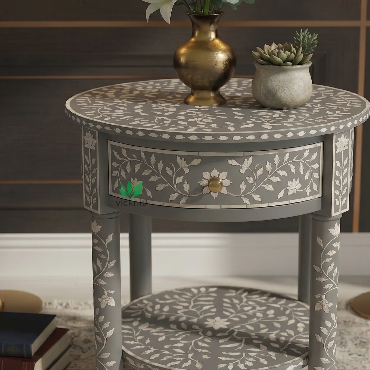 Bone Inlay Grey Round Bedside Table with One Drawer - Image 3