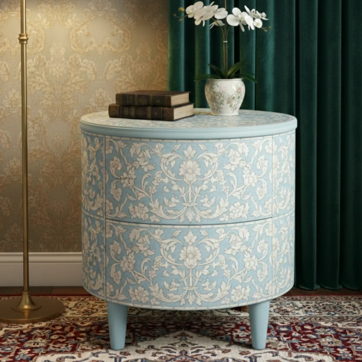 Bone Inlay Light Blue Round Bedside Table with Two Drawer - Image 2