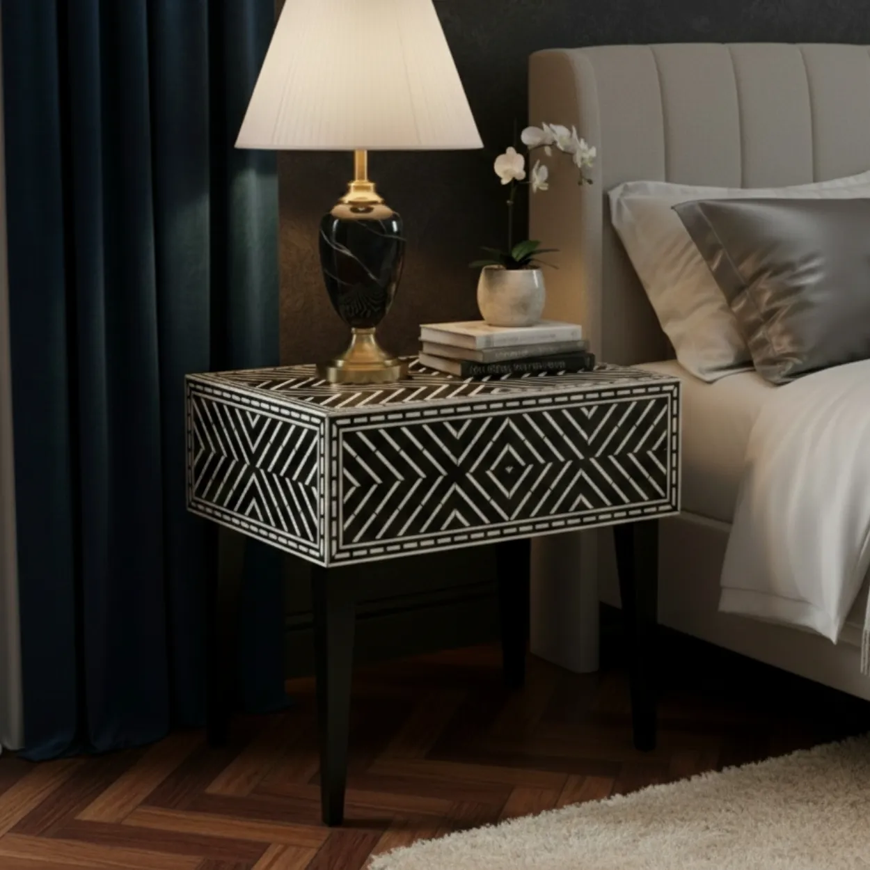 Bone Inlay Black Bedside Table - Image 2