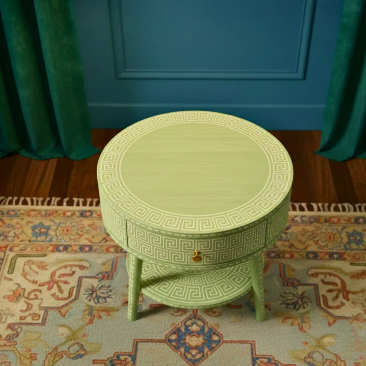 Bone Inlay Light Green Round Bedside Table - Image 3