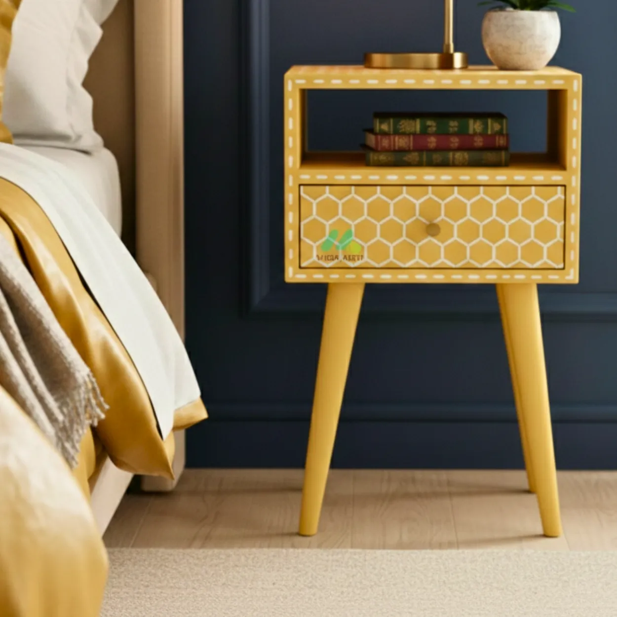 Bone Inlay Yellow Bedside table - Image 6