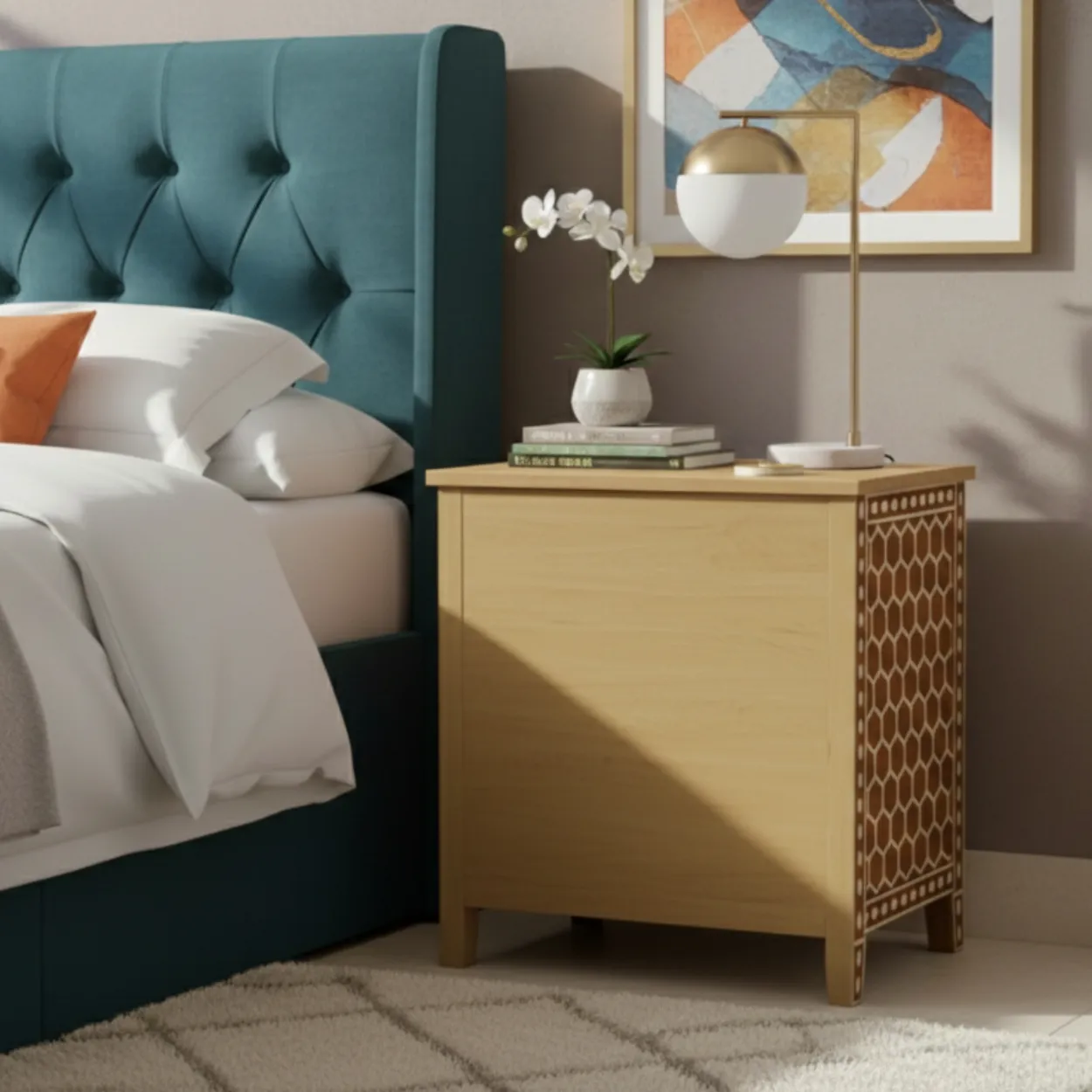 Handcrafted Bone Inlay Wooden Bedside table - Image 2