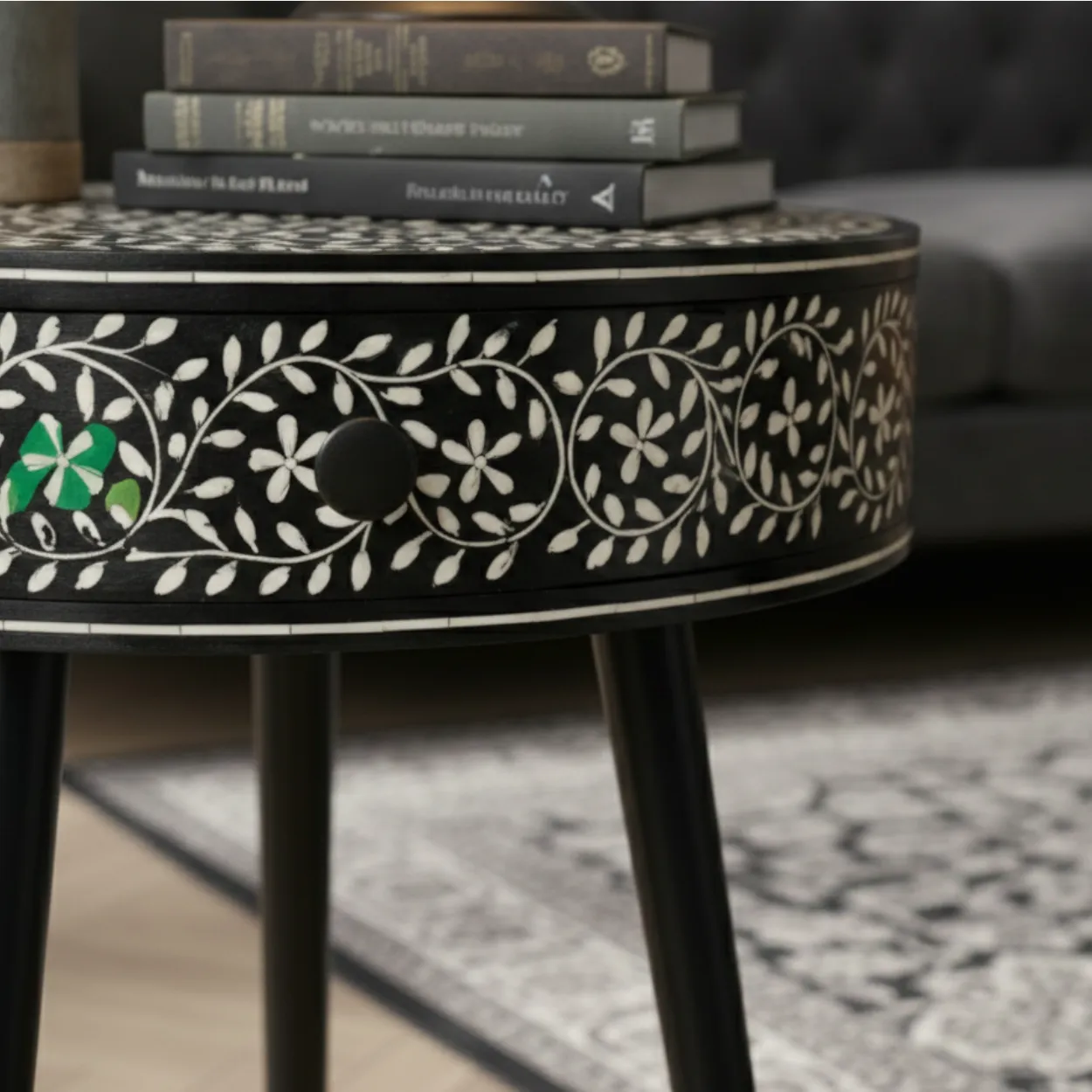 Bone Inlay Black Round Bedside table with One Drawer - Image 3