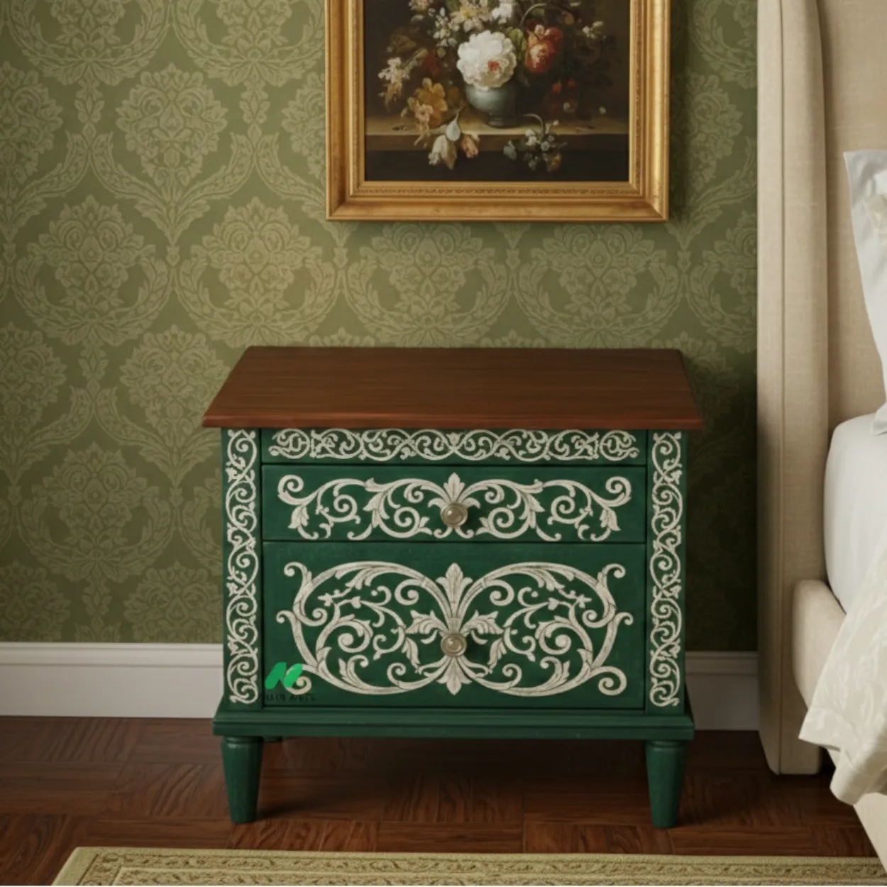 Luxury Handcrafted Bone Inlay Green Bedside table - Image 3