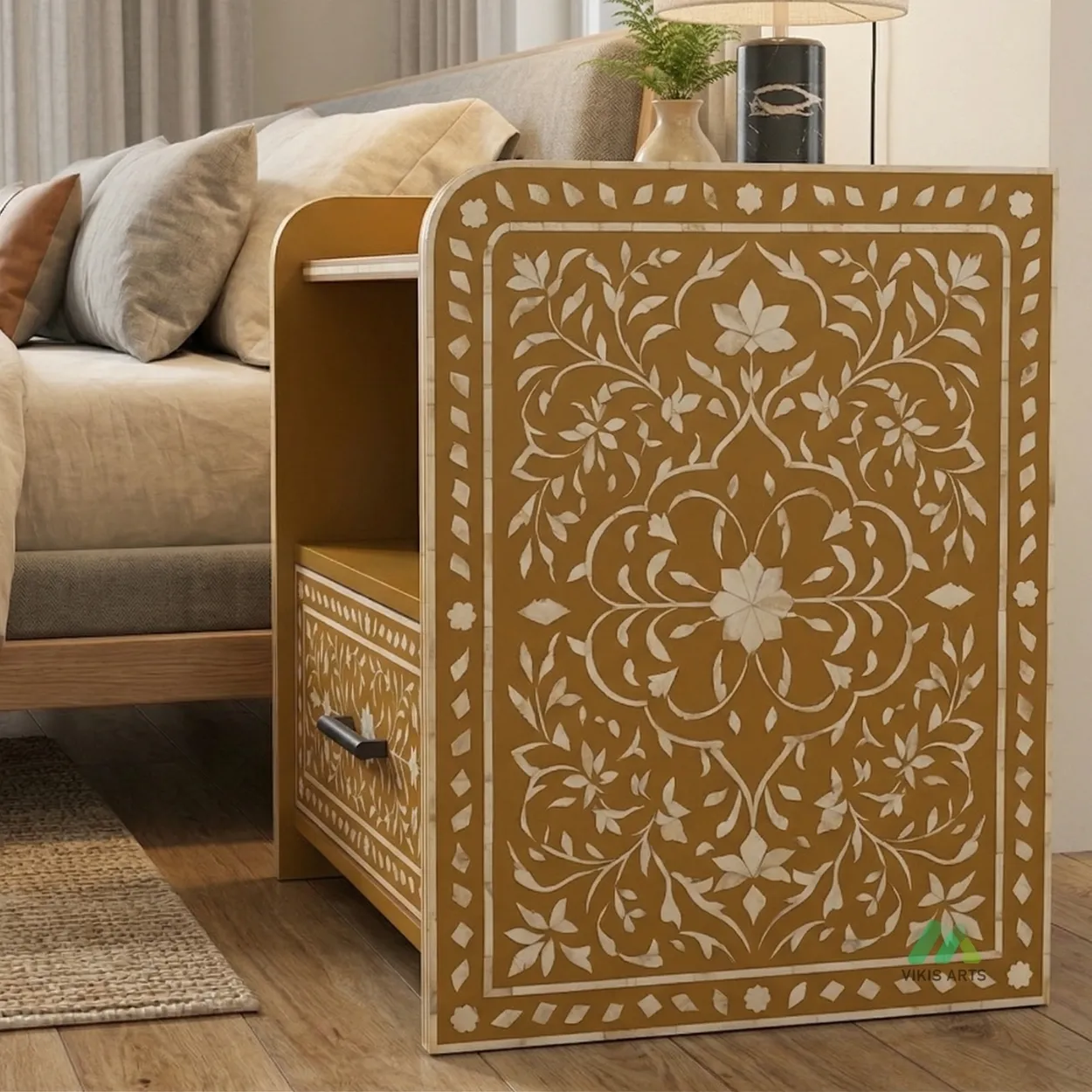 Bone Inlay Yellow Bedside Table with One Drawer - Image 4