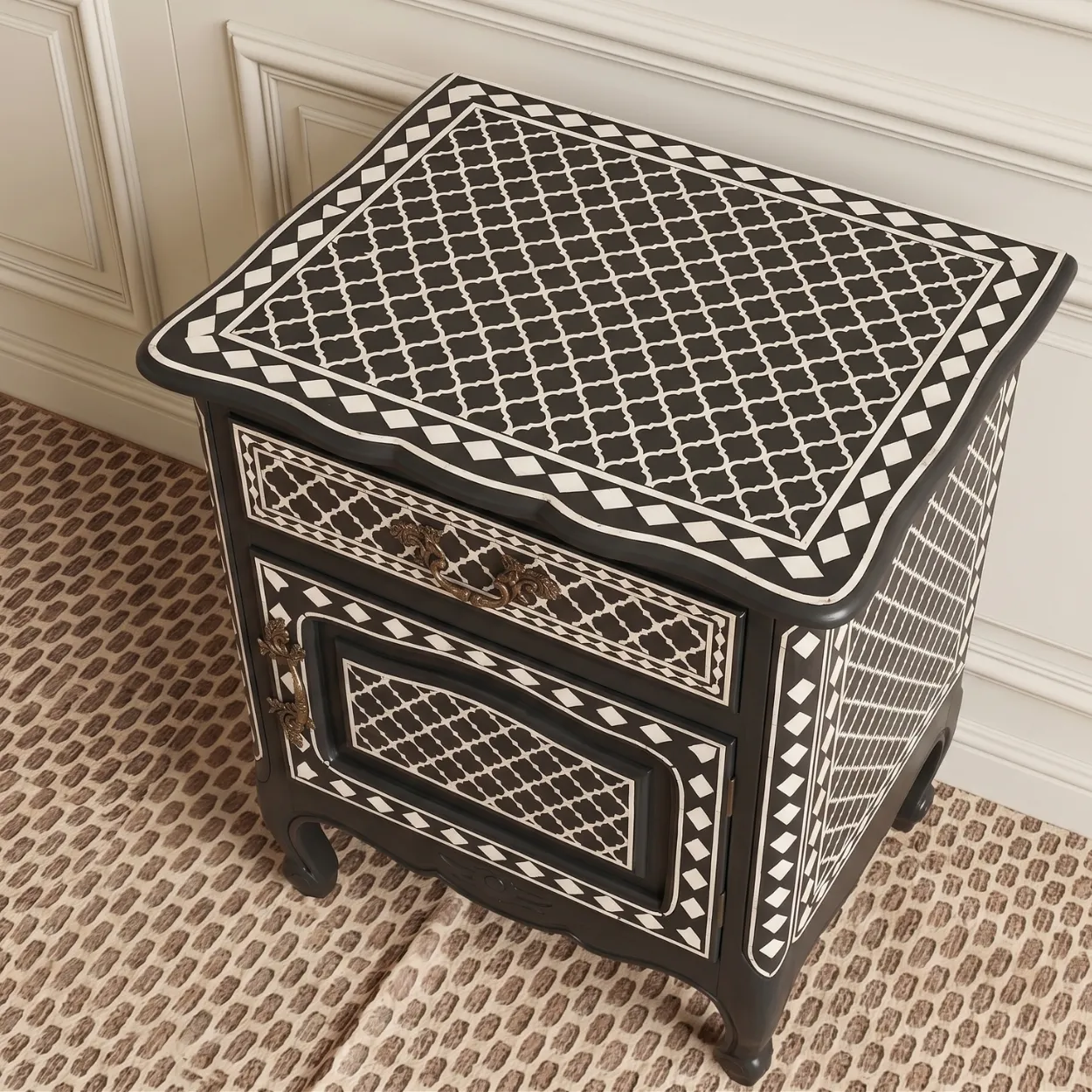 Bone Inlay Black Bedside Cabinet - Image 3