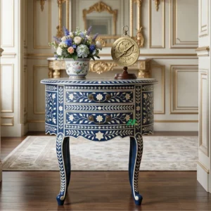 Bone Inlay Navy Blue Round Side Table