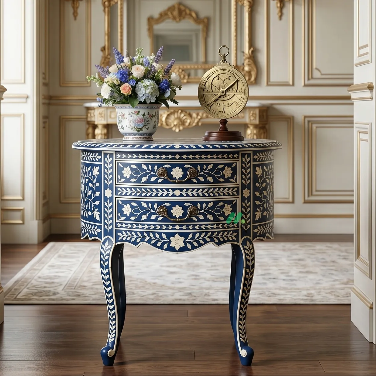 Bone Inlay Navy Blue Round Side Table
