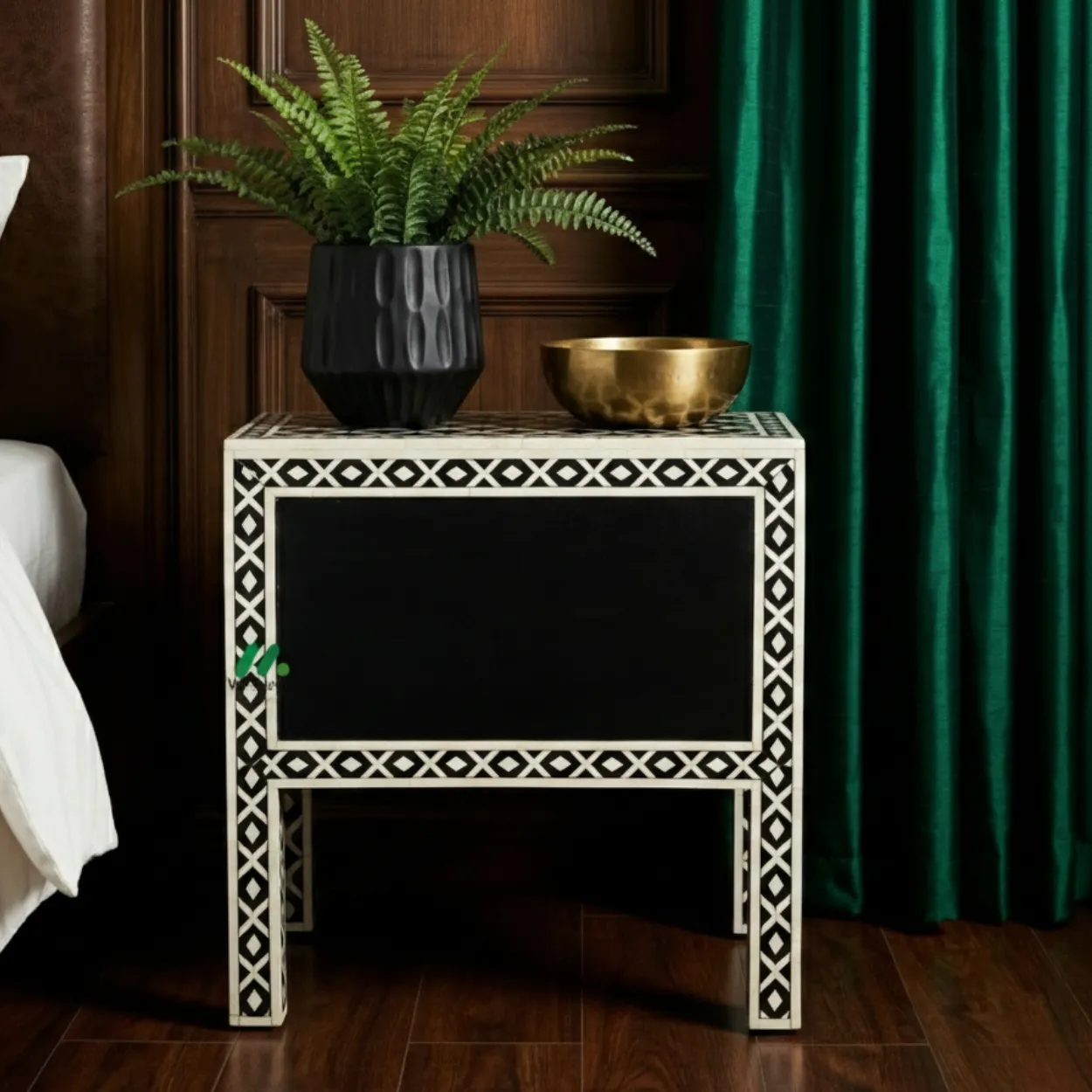 Bone Inlay Black Bedside Table with one Drawer - Image 2