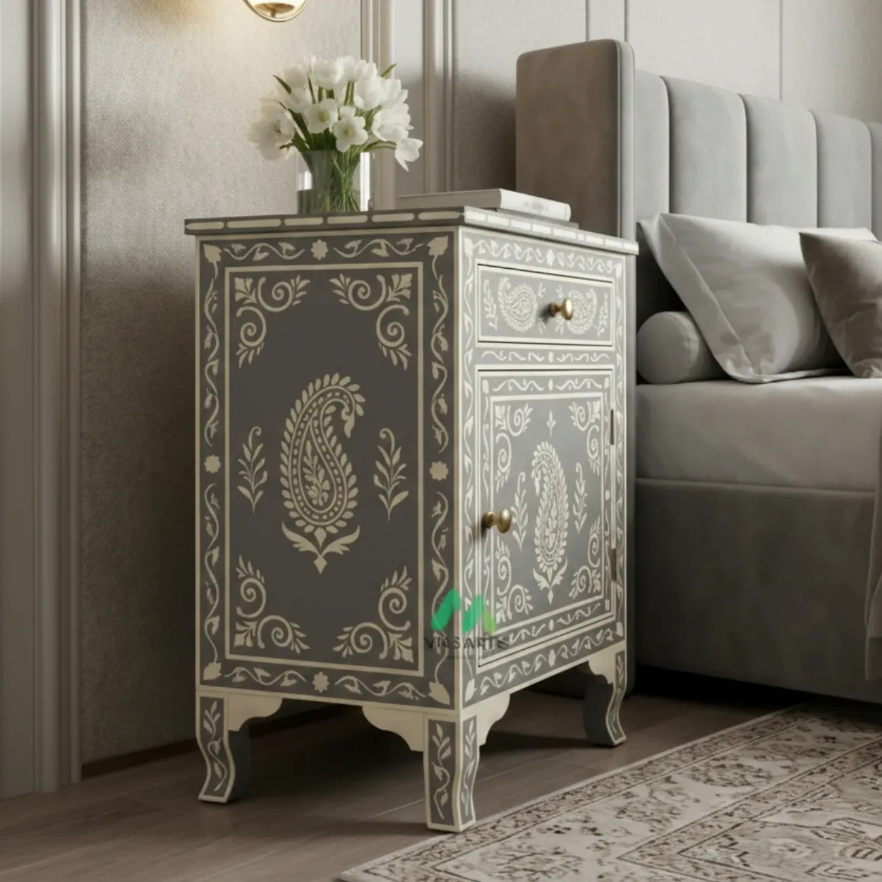 Bone Inlay Grey bedside table - Image 4