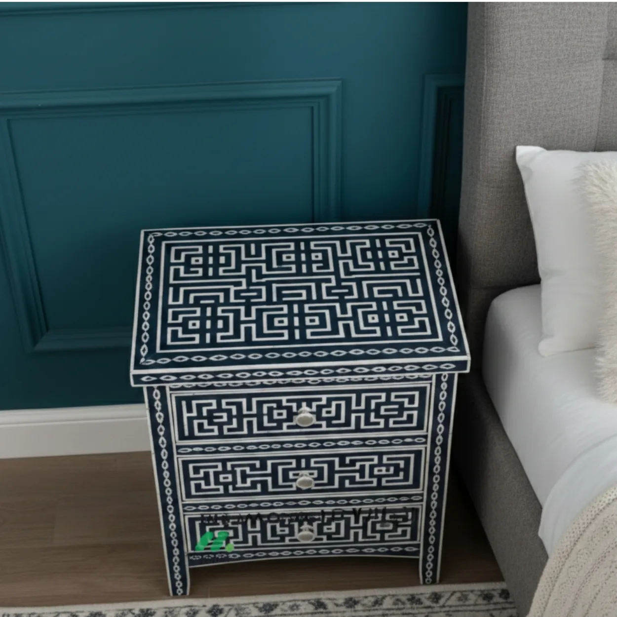 Bone Inlay Navy Blue Bedside Table with three drawer - Image 3