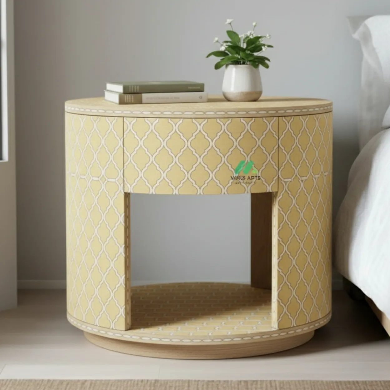 Bone Inlay Yellow Round Bedside table - Image 2