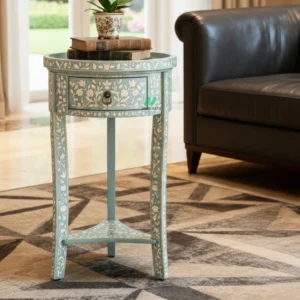 Bone Inlay Blue Round Bedside Table