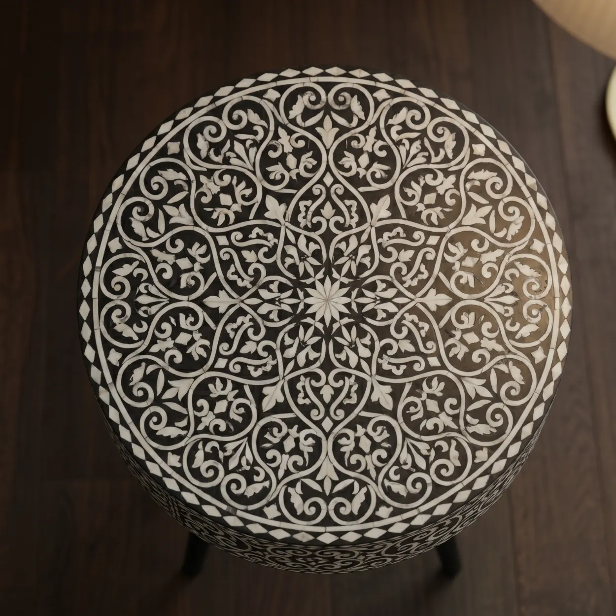 Bone Inlay Black Round Side table with one Drawer - Image 2