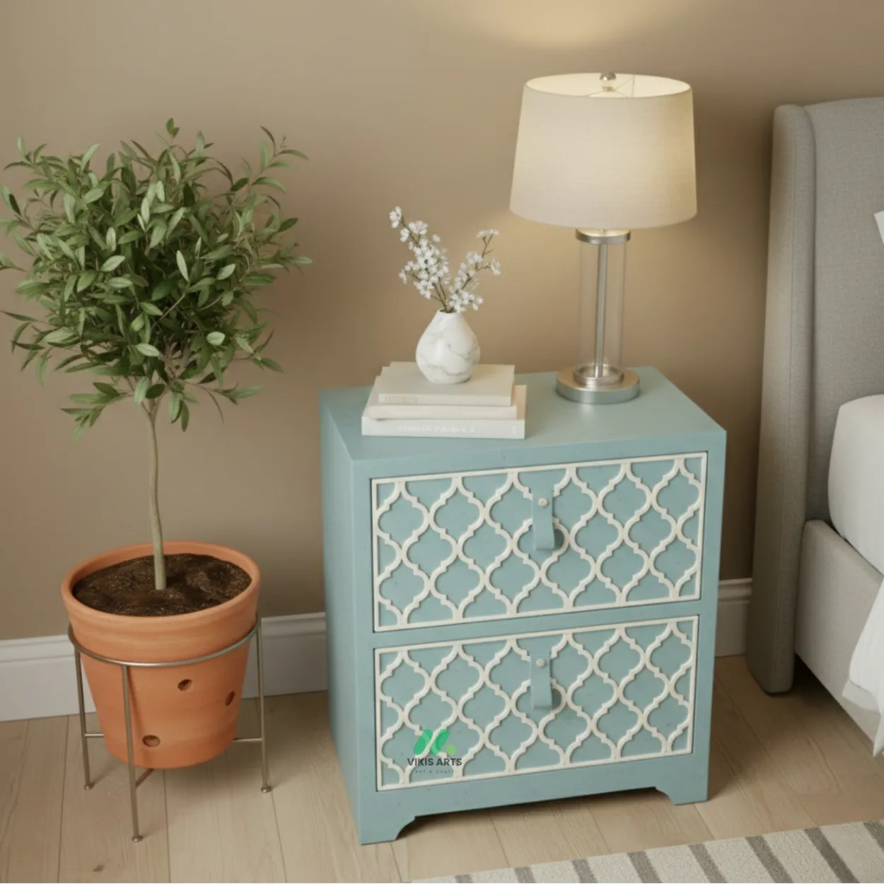 Bone Inlay Light Blue bedside Table - Image 4