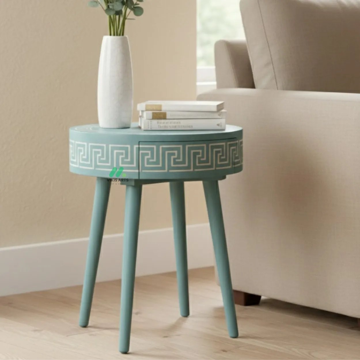 Bone Inlay Light Blue Round Bedside Table