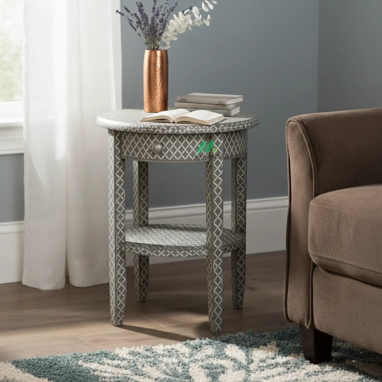 Bone Inlay Grey Round Sofa side Table