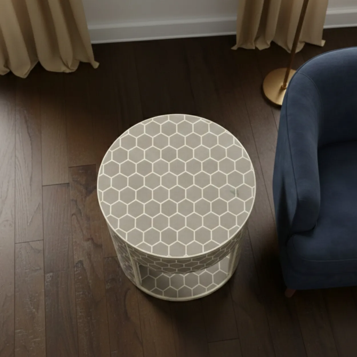 Bone Inlay Grey Round Bedside Table - Image 3