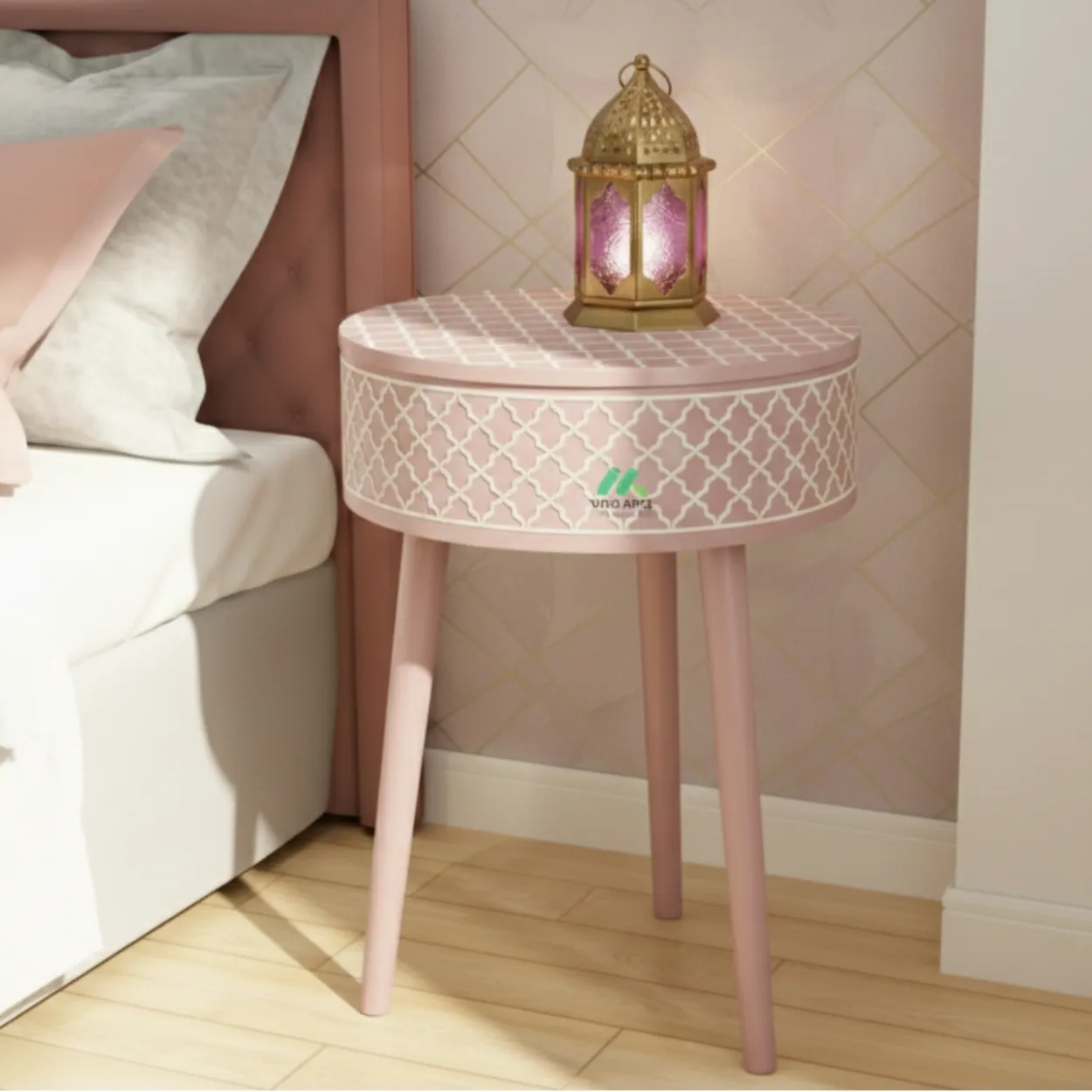 Bone Inlay Pink Round Bedside Table with One Drawer - Image 2