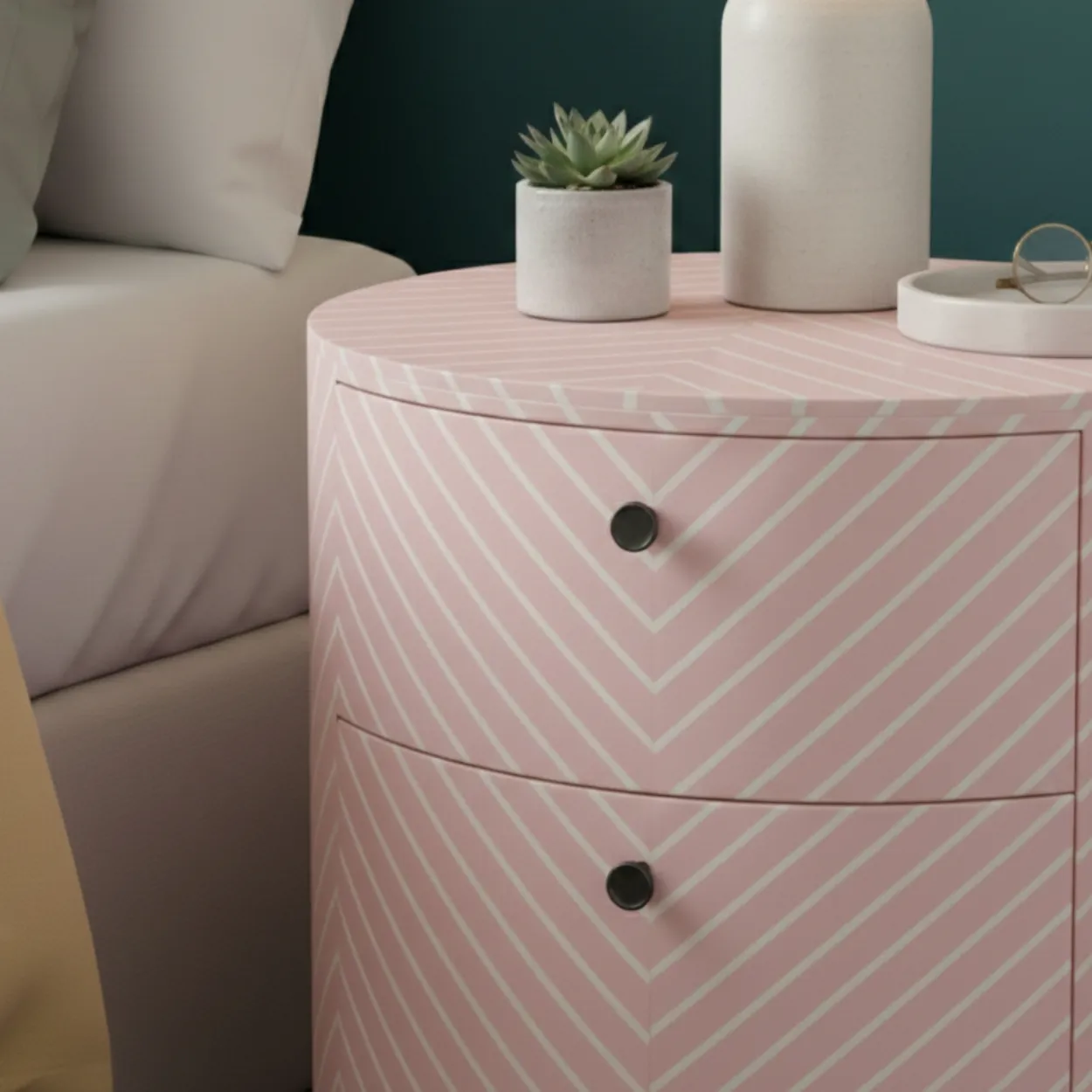 Bone Inlay Pink Round Bedside Table with Two Drawer - Image 4