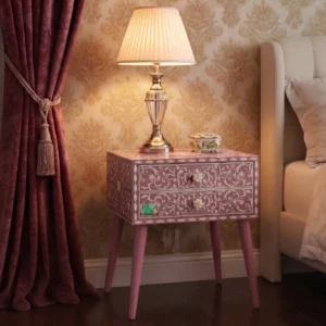 Bone Inlay Pink bedside Table with Two Drawer