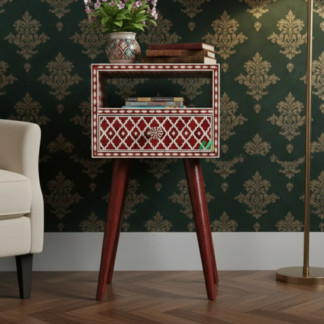 Bone Inlay Red Bedside Table