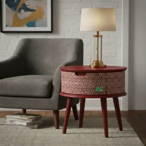 Bone Inlay Red Round Bedside Table