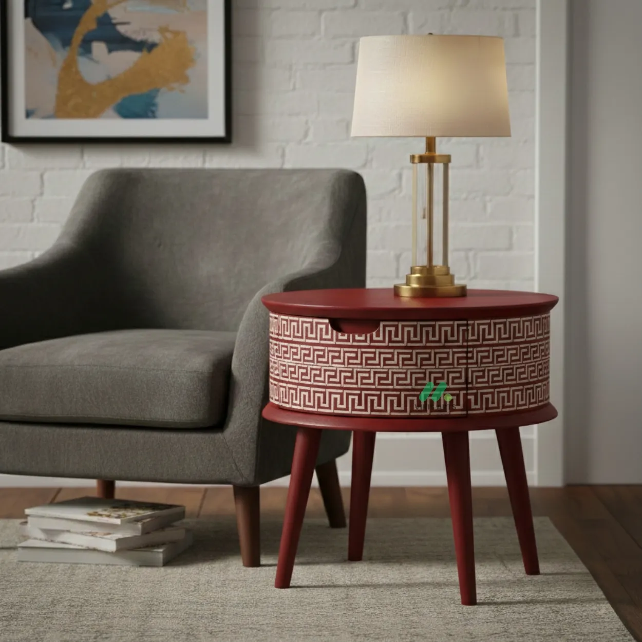 Bone Inlay Red Round Bedside Table