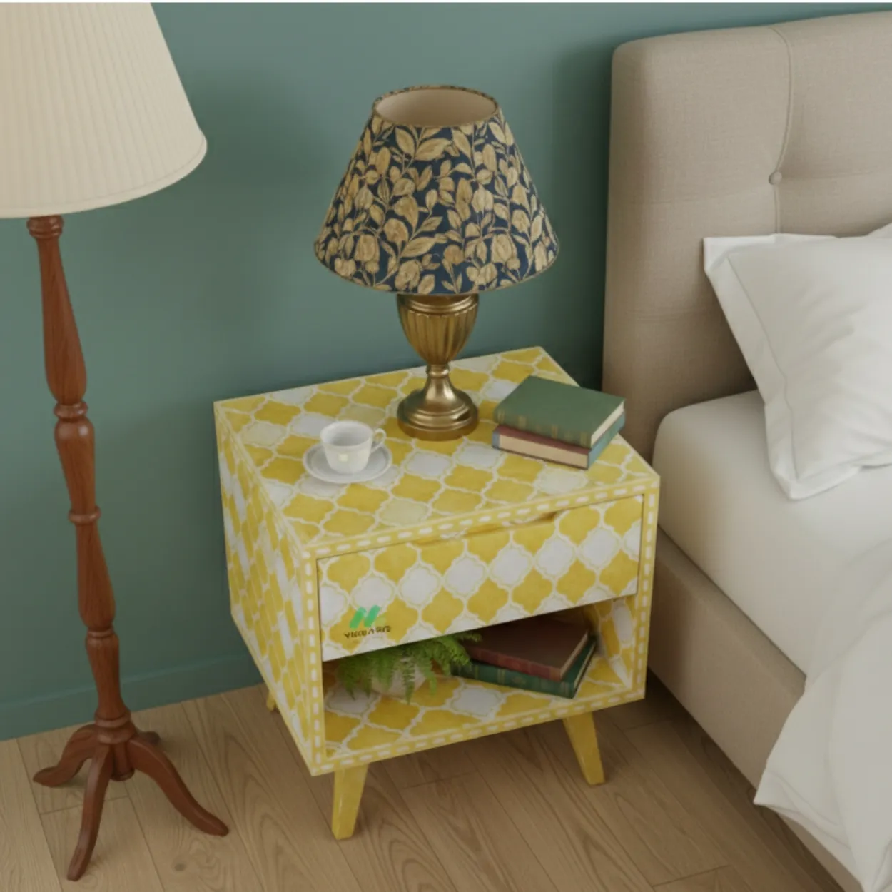 Bone Inlay Yellow Bedside Table - Image 3