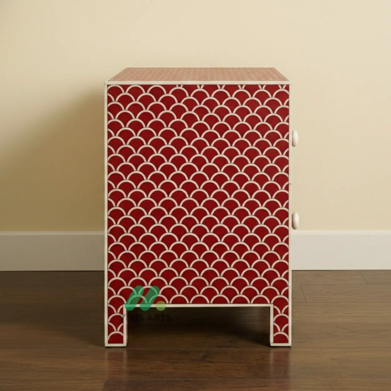 Bone Inlay Red Bedside Table - Image 4
