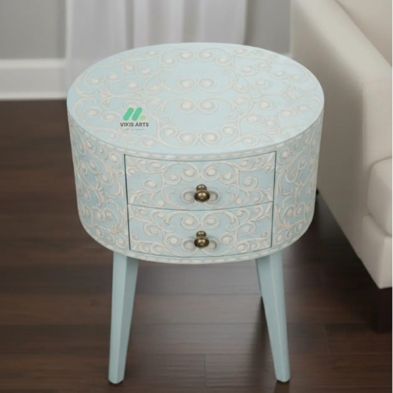 Bone Inlay Light Blue Round Bedside Table - Image 3