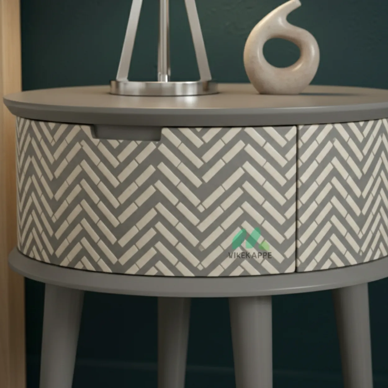 Bone Inlay Grey Round Bedside Table - Image 4