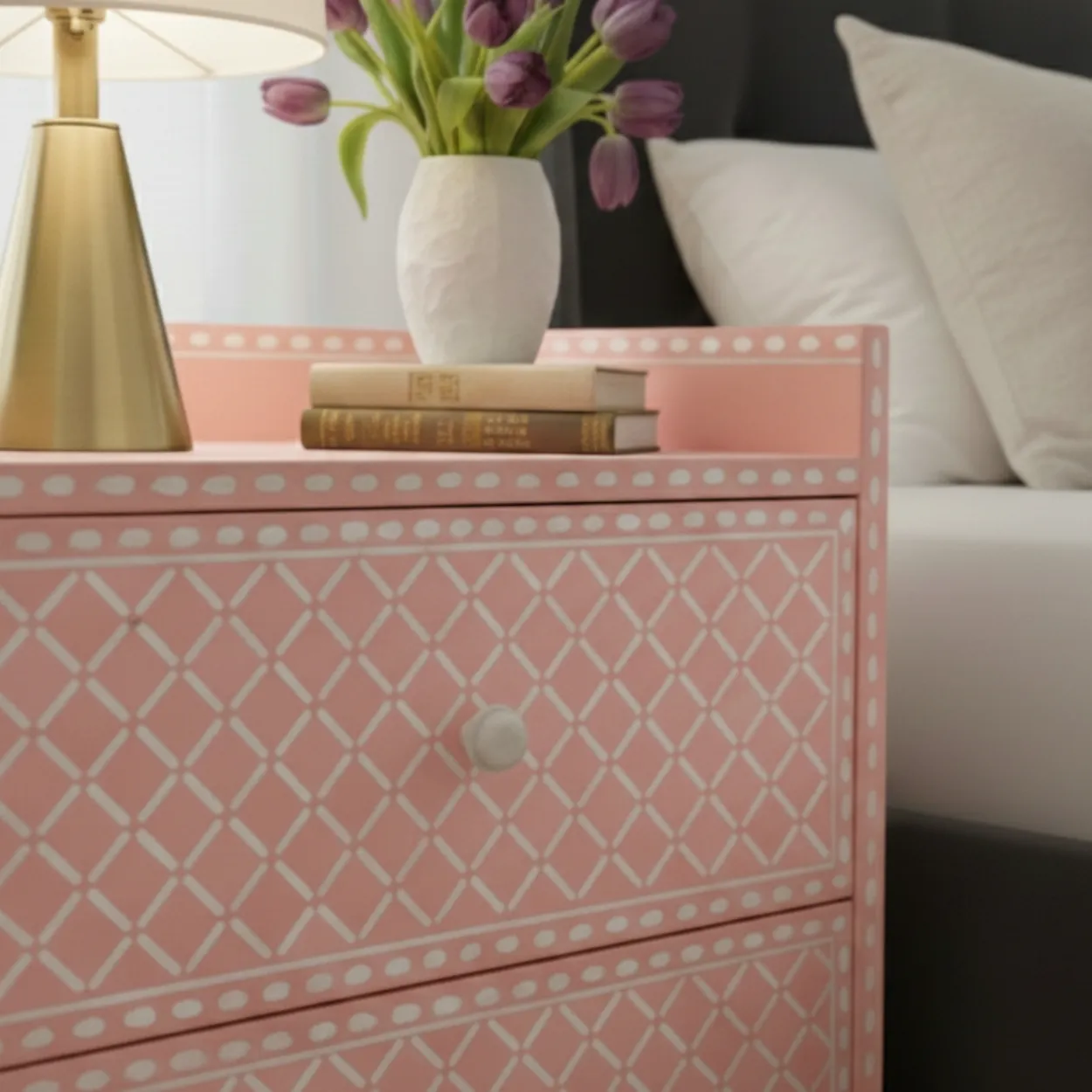 Bone Inlay Pink Bedside Table - Image 5