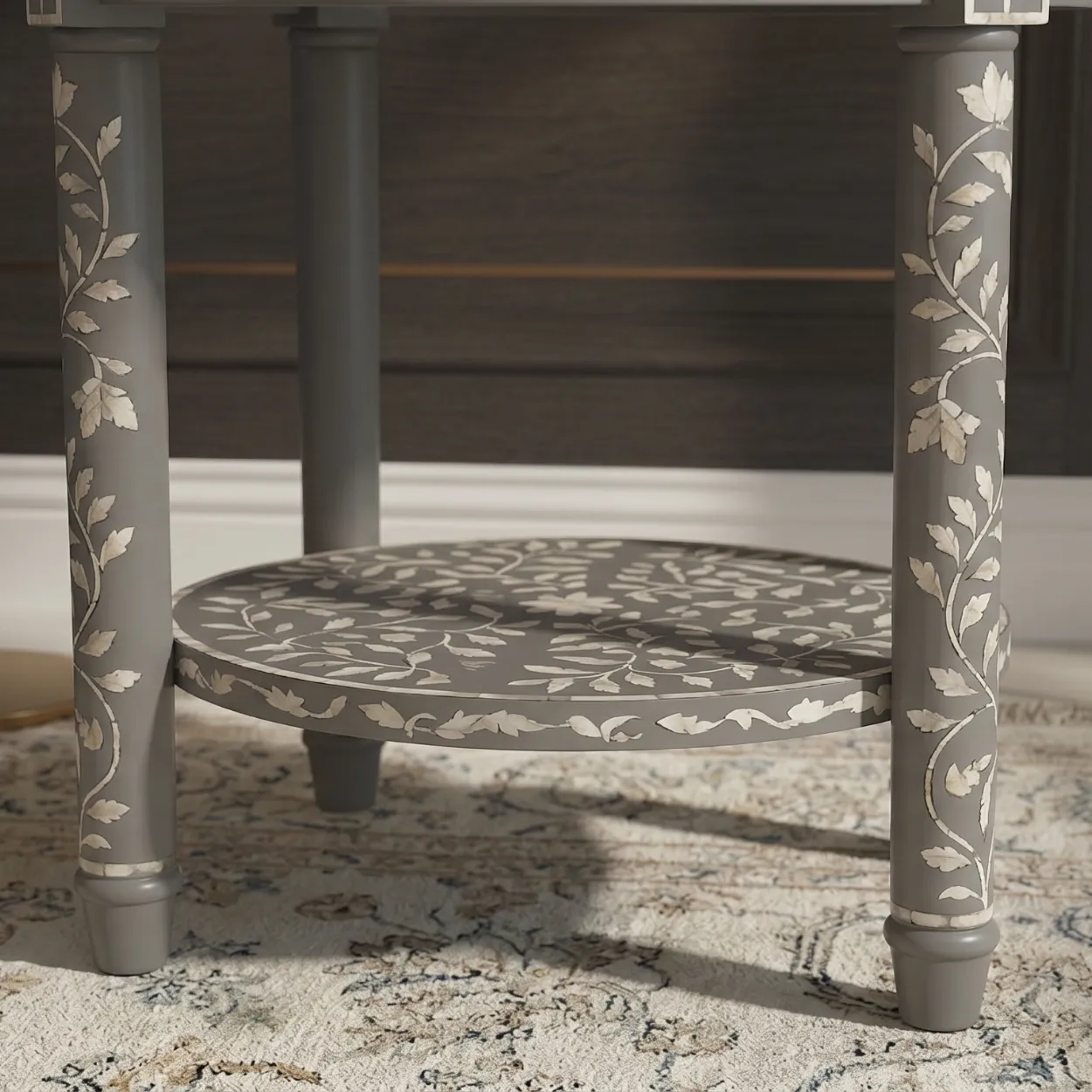 Bone Inlay Grey Round Bedside Table with One Drawer - Image 4