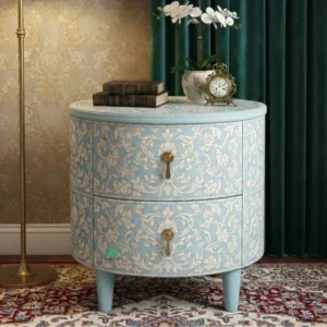 Bone Inlay Light Blue Round Bedside Table with Two Drawer
