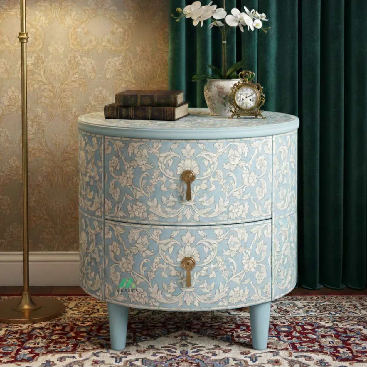 Bone Inlay Light Blue Round Bedside Table with Two Drawer