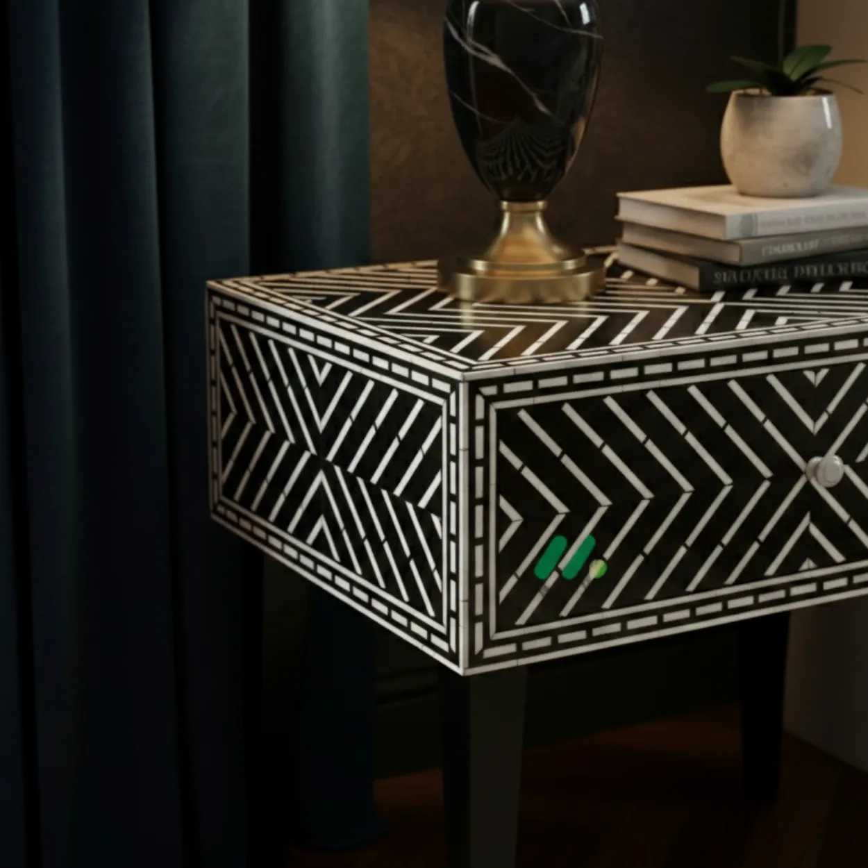 Bone Inlay Black Bedside Table - Image 4